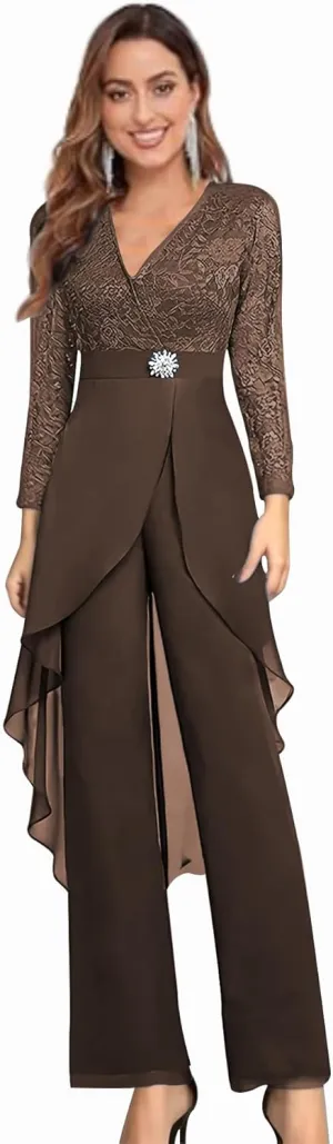 2 Piece Mother of The Bride Pant Suits for Women Lace Applique Chiffon Formal Outfits Long Sleeve Cocktail Party Dresses
