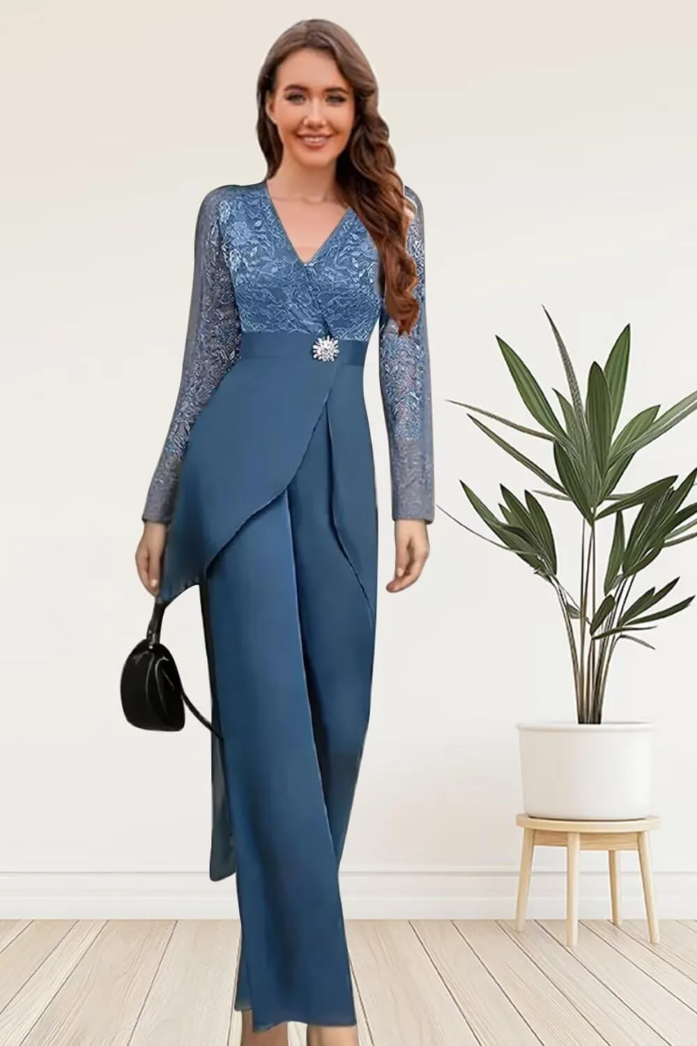 2 Piece Mother of The Bride Pant Suits for Women Lace Applique Chiffon Formal Outfits Long Sleeve Cocktail Party Dresses