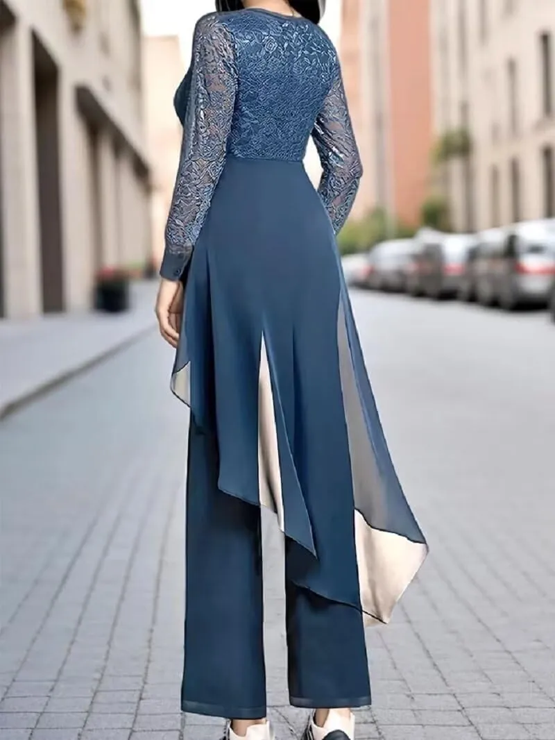 2 Piece Mother of The Bride Pant Suits for Women Lace Applique Chiffon Formal Outfits Long Sleeve Cocktail Party Dresses