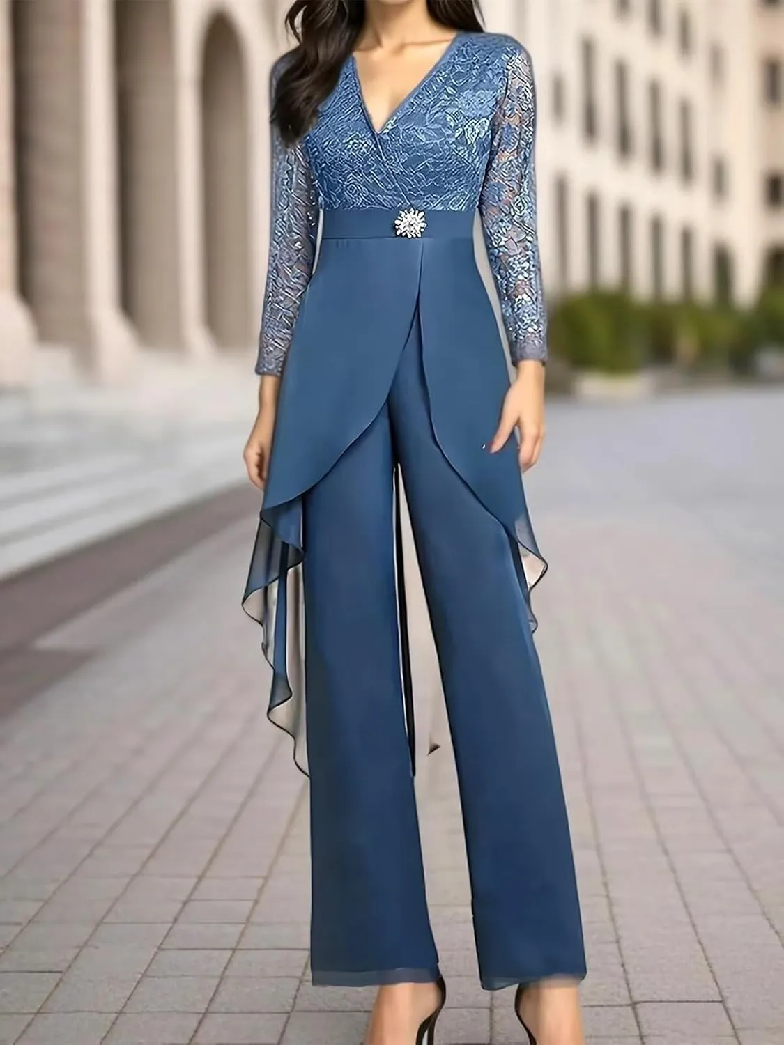 2 Piece Mother of The Bride Pant Suits for Women Lace Applique Chiffon Formal Outfits Long Sleeve Cocktail Party Dresses