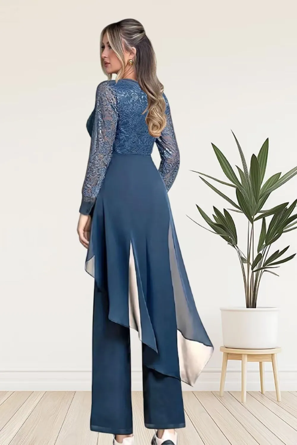 2 Piece Mother of The Bride Pant Suits for Women Lace Applique Chiffon Formal Outfits Long Sleeve Cocktail Party Dresses