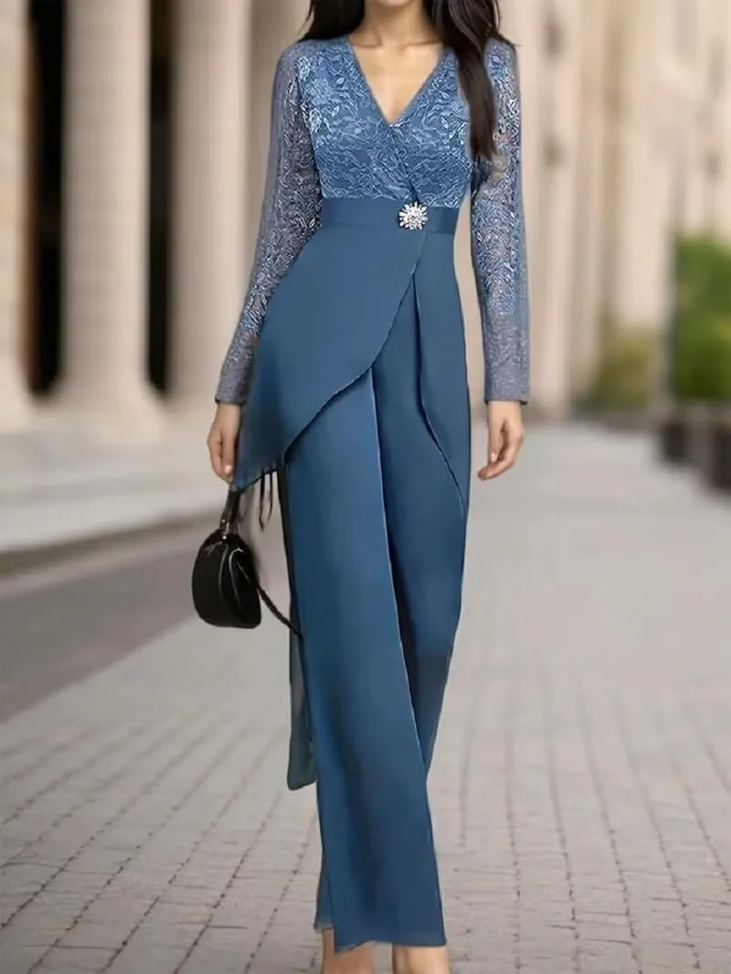 2 Piece Mother of The Bride Pant Suits for Women Lace Applique Chiffon Formal Outfits Long Sleeve Cocktail Party Dresses