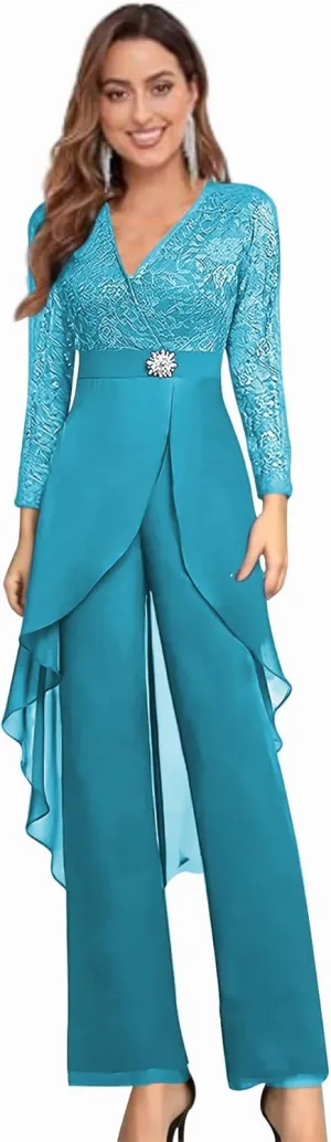 2 Piece Mother of The Bride Pant Suits for Women Lace Applique Chiffon Formal Outfits Long Sleeve Cocktail Party Dresses