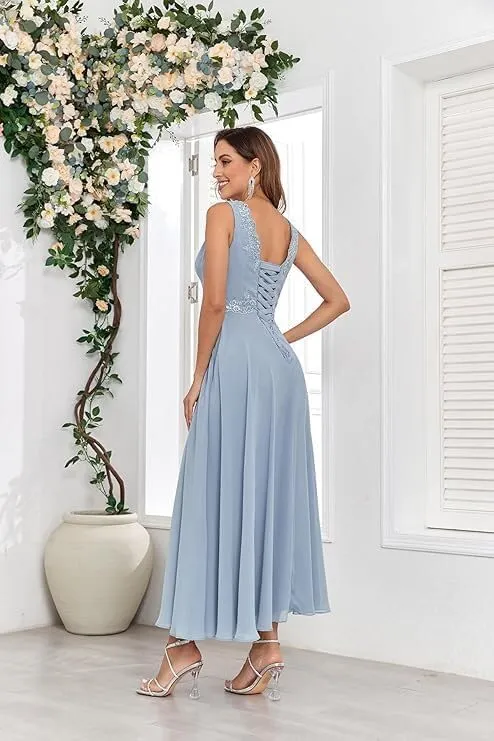 2-Piece Set of Bride Mother Dress with Jacket 3/4 Sleeves Tea Length Mother Groom Dress for 2024 Wedding