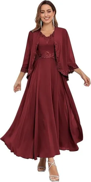 2-Piece Set of Bride Mother Dress with Jacket 3/4 Sleeves Tea Length Mother Groom Dress for 2024 Wedding