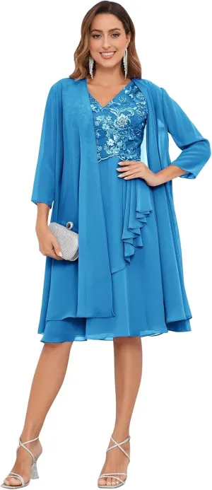 2 Pieces Mother of The Bride Dresses for Wedding with Jacket 3/4 Sleeve Lace Chiffon Evening Formal Gown