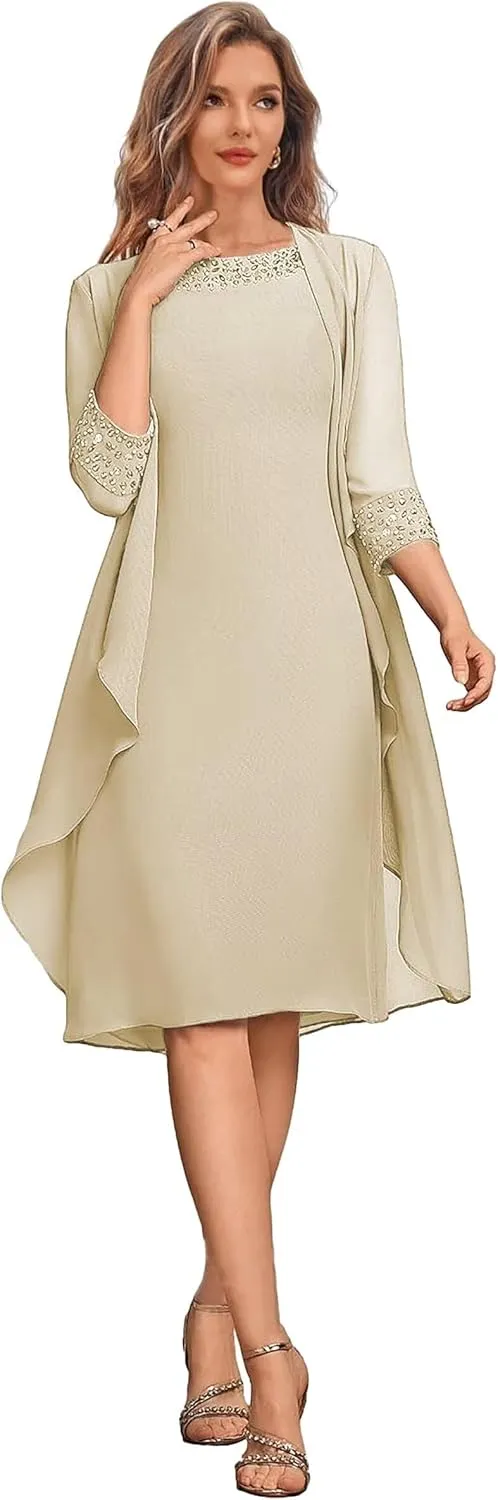 2 Pieces Mother of The Bride Dresses with Jacket Short Weddig Party Dress Chiffon Beaded Formal Gowns for Women