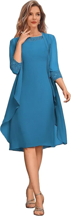 2 Pieces Mother of The Bride Dresses with Jacket Short Weddig Party Dress Chiffon Beaded Formal Gowns for Women