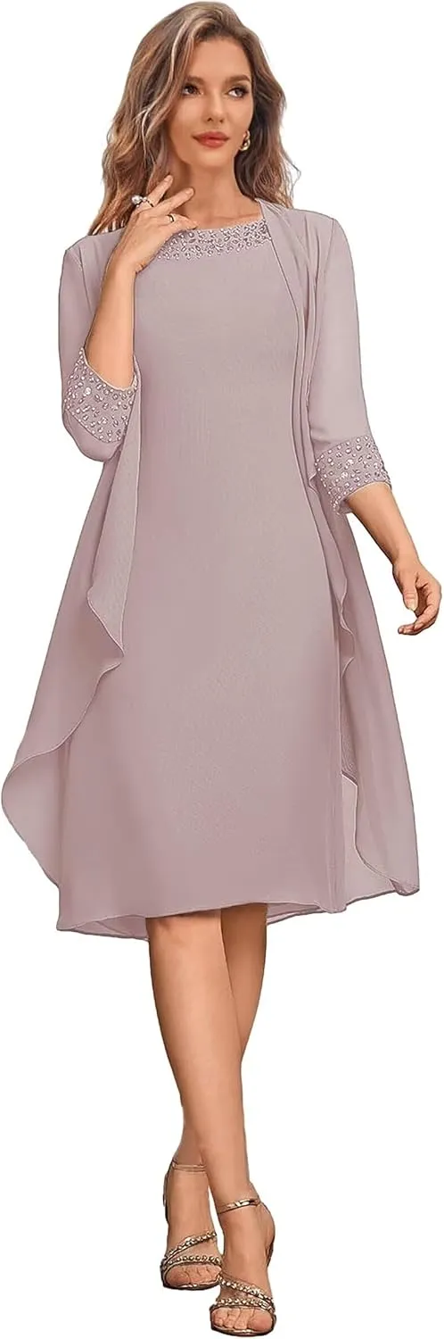 2 Pieces Mother of The Bride Dresses with Jacket Short Weddig Party Dress Chiffon Beaded Formal Gowns for Women