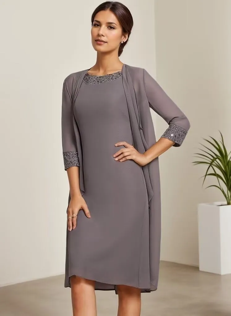 2 Pieces Mother of The Bride Dresses with Jacket Short Weddig Party Dress Chiffon Beaded Formal Gowns for Women
