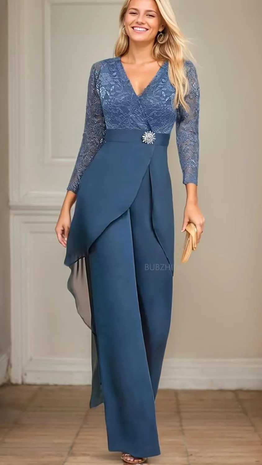 2 Pieces Mother of The Bride Pant Suits for Women Lace Chiffon Formal Outfits Long Sleeve Dressy Pantsutis