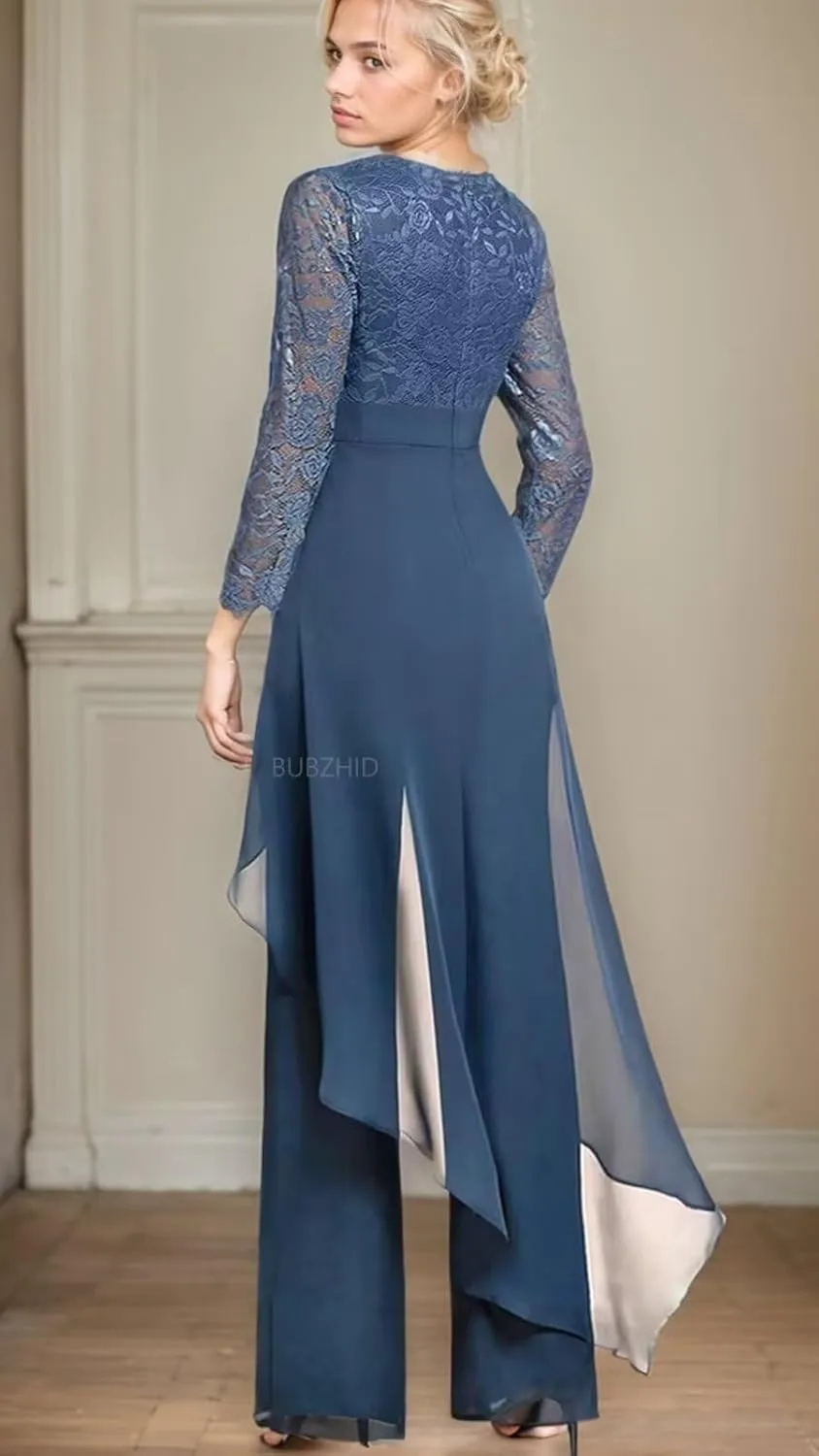 2 Pieces Mother of The Bride Pant Suits for Women Lace Chiffon Formal Outfits Long Sleeve Dressy Pantsutis