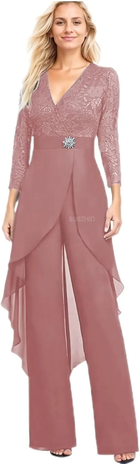 2 Pieces Mother of The Bride Pant Suits for Women Lace Chiffon Formal Outfits Long Sleeve Dressy Pantsutis