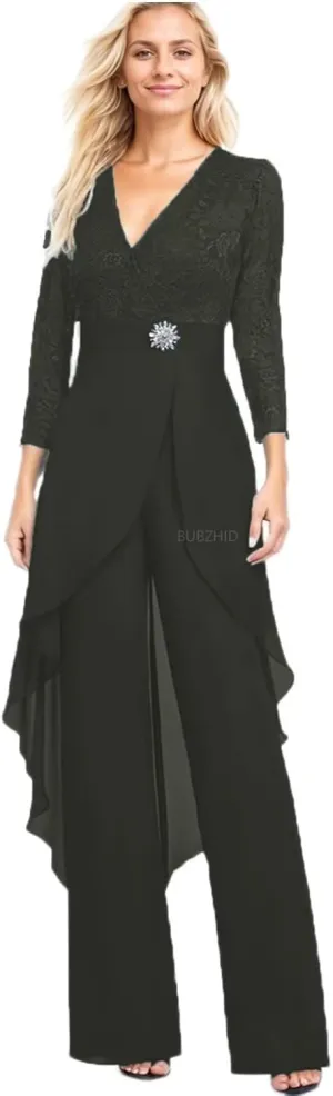 2 Pieces Mother of The Bride Pant Suits for Women Lace Chiffon Formal Outfits Long Sleeve Dressy Pantsutis