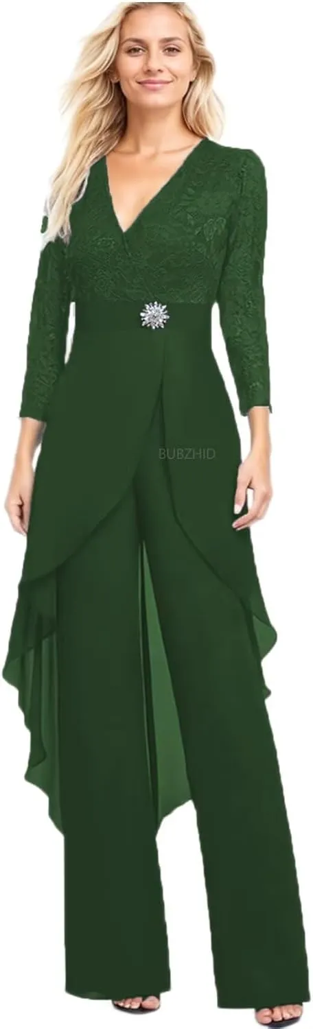 2 Pieces Mother of The Bride Pant Suits for Women Lace Chiffon Formal Outfits Long Sleeve Dressy Pantsutis