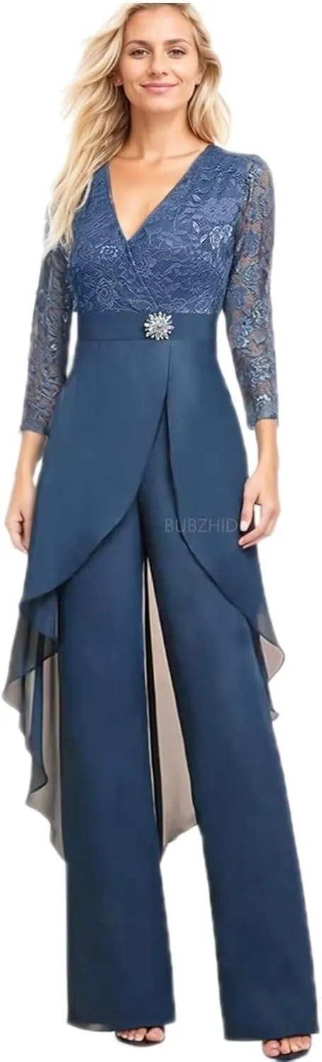 2 Pieces Mother of The Bride Pant Suits for Women Lace Chiffon Formal Outfits Long Sleeve Dressy Pantsutis