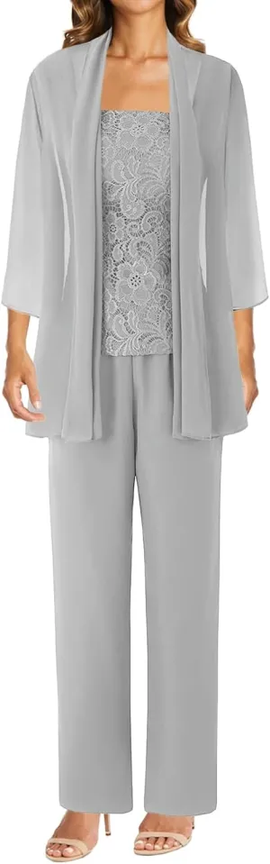3 Pieces Mother of The Bride Dresses Pant Suits Lace Evening Formal Dress for Wedding Guest Groom Dress Chiffon Jacket