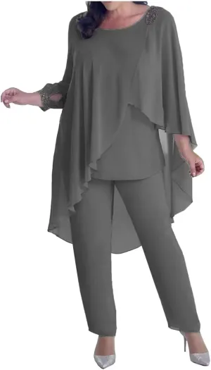 3 Pieces Pant Suits Mother of The Bride Dresses for Wedding Chiffon Beaded Formal Gowns with Sleeves