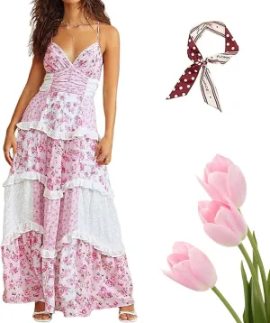 Adernlia Floral Maxi Dress, Women Patchwork Floral Flowy Maxi Dress, Y2k Spaghetti Strap V Neck Beach Dresses