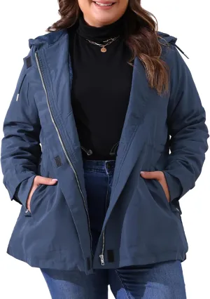 Agnes Orinda Plus Size Rain Jacket for Women Lightweight Waterproof Fleece Lined Jacket Hooded Windbreaker Coat