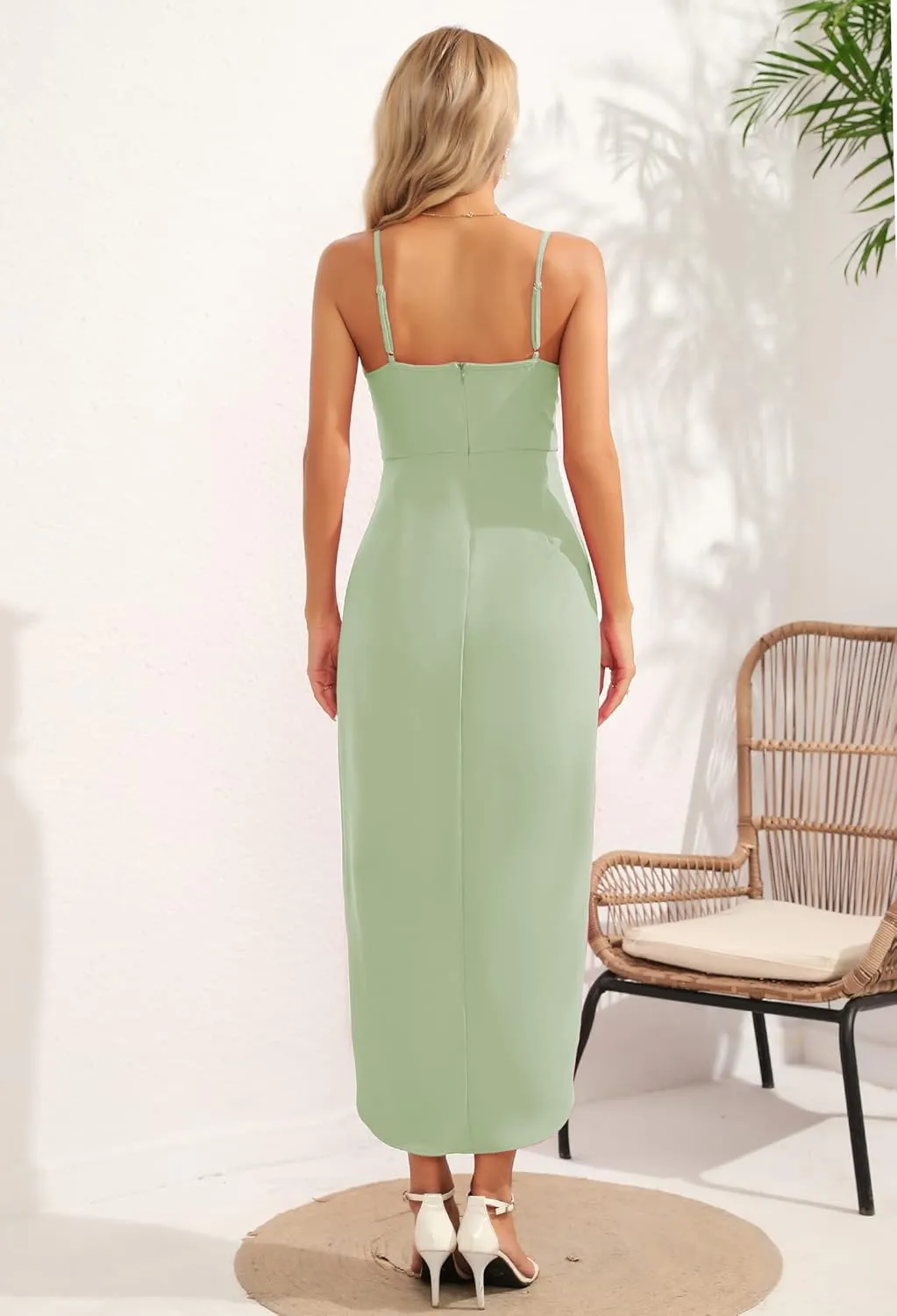 Aigeman Women's Spaghetti Straps Sexy Backless Satin Maxi Dress Summer Wedding Guest Dress Cocktail Party Dresses 7291