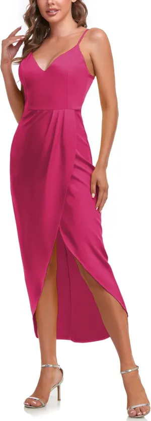 Aigeman Women's Spaghetti Straps Sexy Backless Satin Maxi Dress Summer Wedding Guest Dress Cocktail Party Dresses 7291