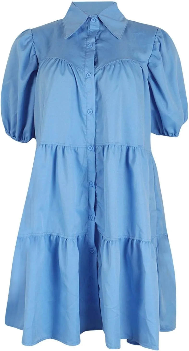 Akklian Womens Cute Babydoll Dresses Casual Loose Puff Sleeve Ruffle Button Down Pleated Shirt Dress Trendy Summer Mini Dress