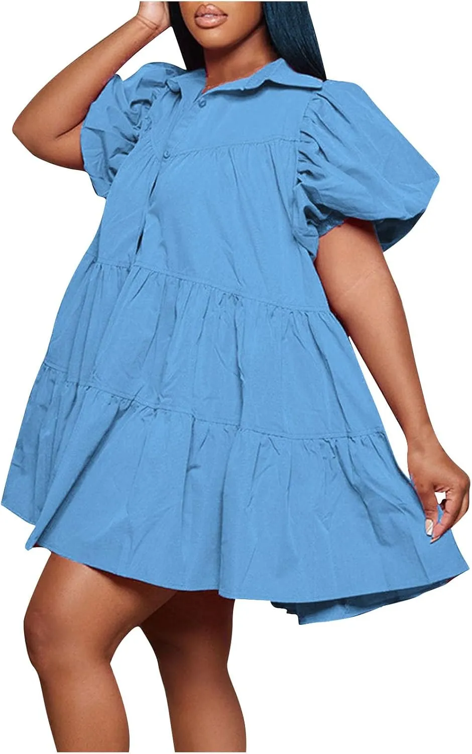 Akklian Womens Cute Babydoll Dresses Casual Loose Puff Sleeve Ruffle Button Down Pleated Shirt Dress Trendy Summer Mini Dress