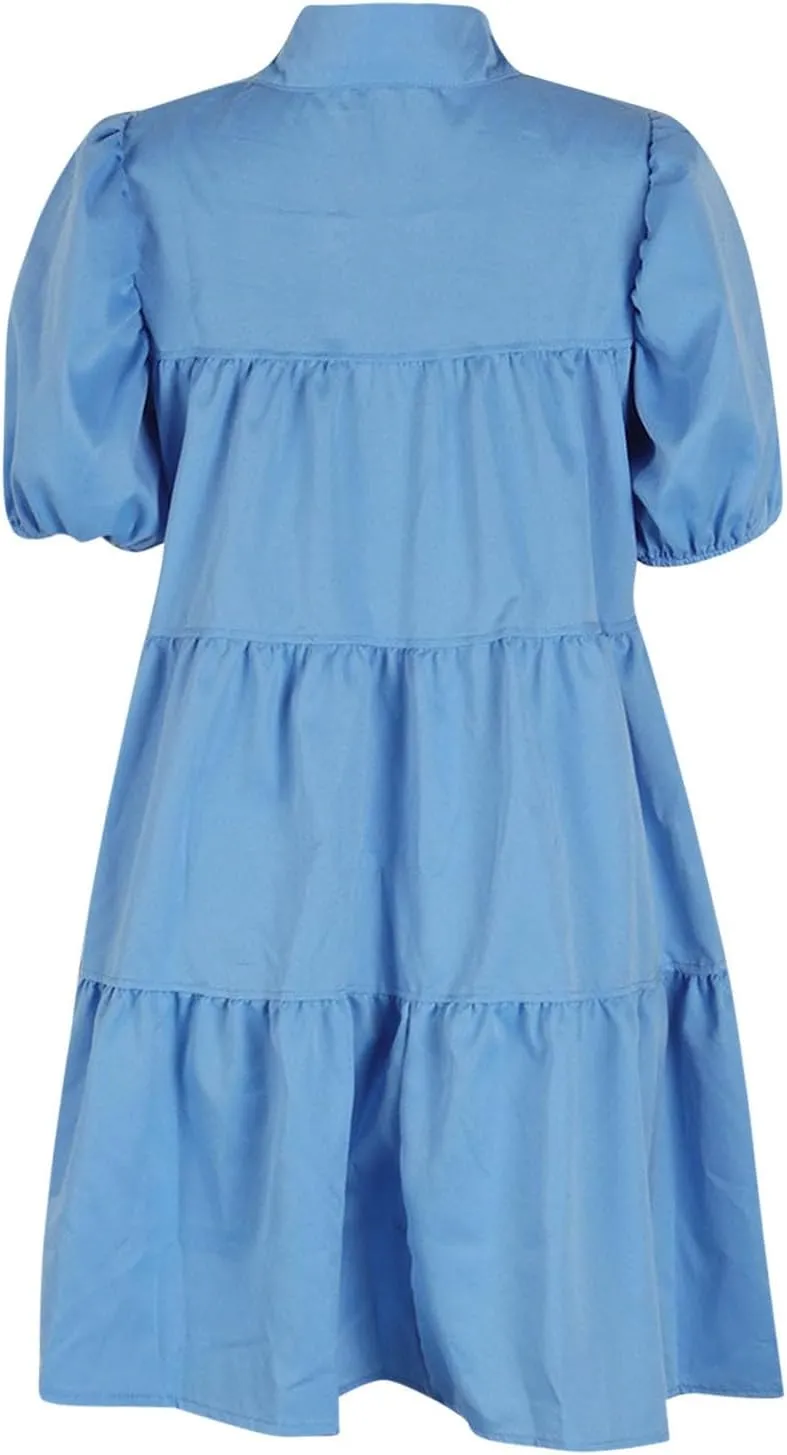 Akklian Womens Cute Babydoll Dresses Casual Loose Puff Sleeve Ruffle Button Down Pleated Shirt Dress Trendy Summer Mini Dress