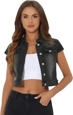 Allegra K Women's 2024 Summer Button Down Cap Short Sleeve Cropped Jean Denim Jacket