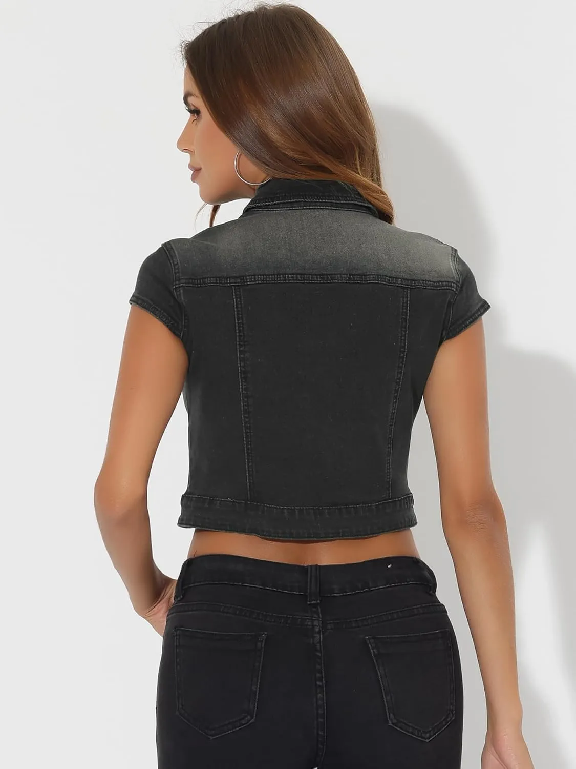 Allegra K Women's 2024 Summer Button Down Cap Short Sleeve Cropped Jean Denim Jacket