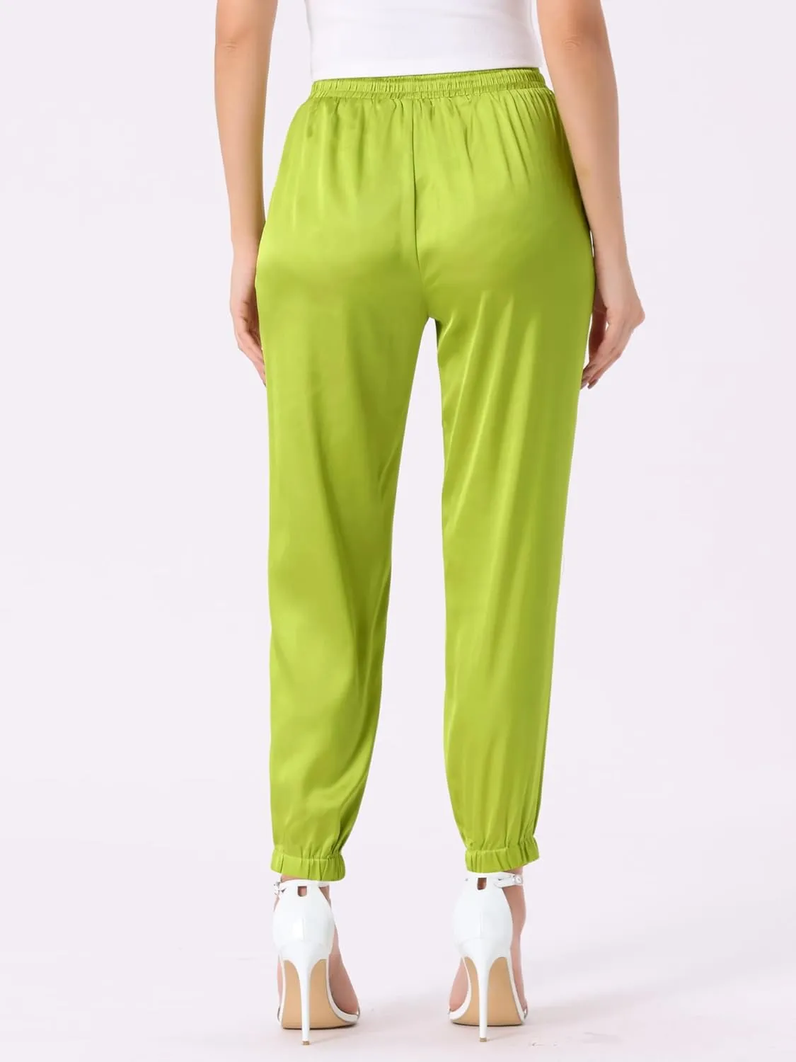 Allegra K Women's Drawstring Elastic Waist Athleisure Pants Casual Ankle Length Satin Joggers with Pocket