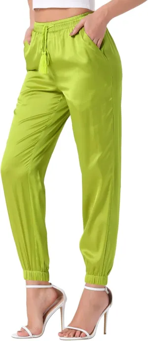 Allegra K Women's Drawstring Elastic Waist Athleisure Pants Casual Ankle Length Satin Joggers with Pocket