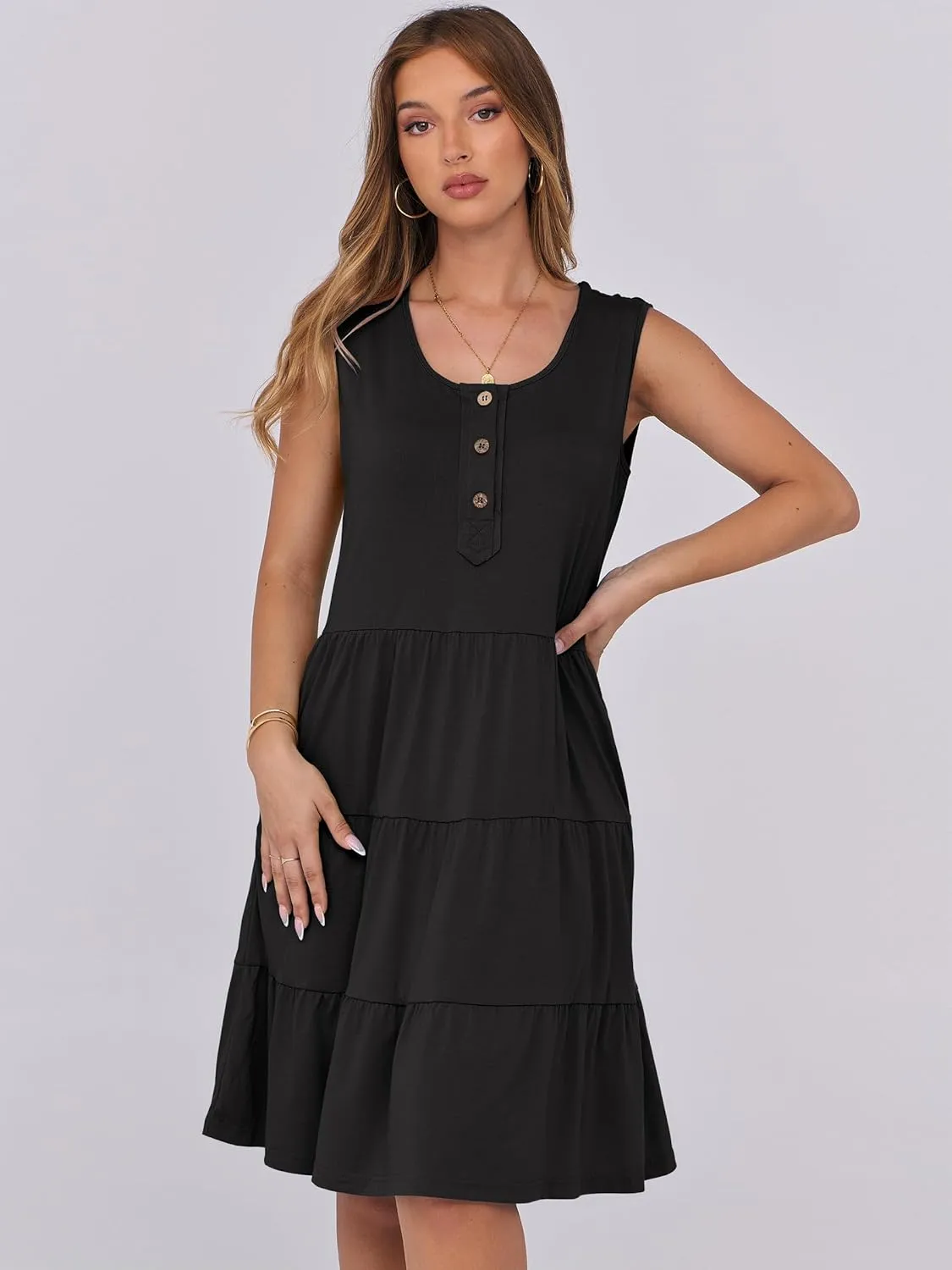 ANRABESS Women Summer Casual Dresses Sleeveless Button Down Tank Sundress Flowy Tiered Swing Mini Beach Vacation Dress
