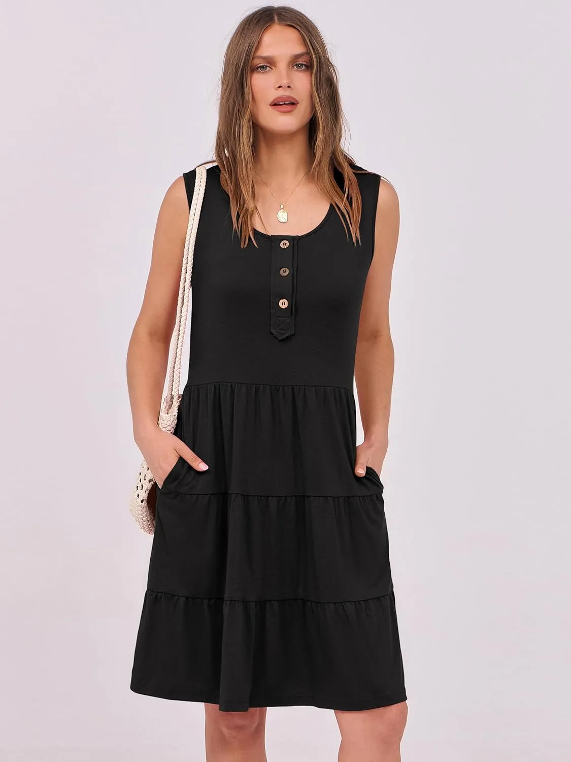 ANRABESS Women Summer Casual Dresses Sleeveless Button Down Tank Sundress Flowy Tiered Swing Mini Beach Vacation Dress
