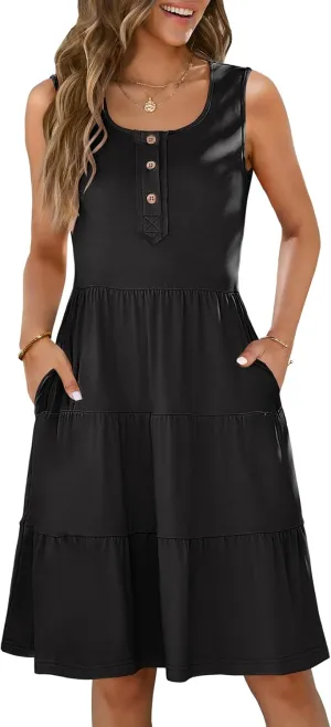 ANRABESS Women Summer Casual Dresses Sleeveless Button Down Tank Sundress Flowy Tiered Swing Mini Beach Vacation Dress