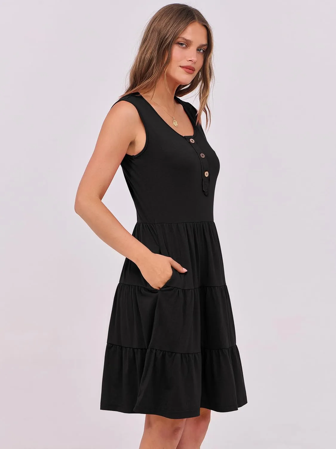 ANRABESS Women Summer Casual Dresses Sleeveless Button Down Tank Sundress Flowy Tiered Swing Mini Beach Vacation Dress