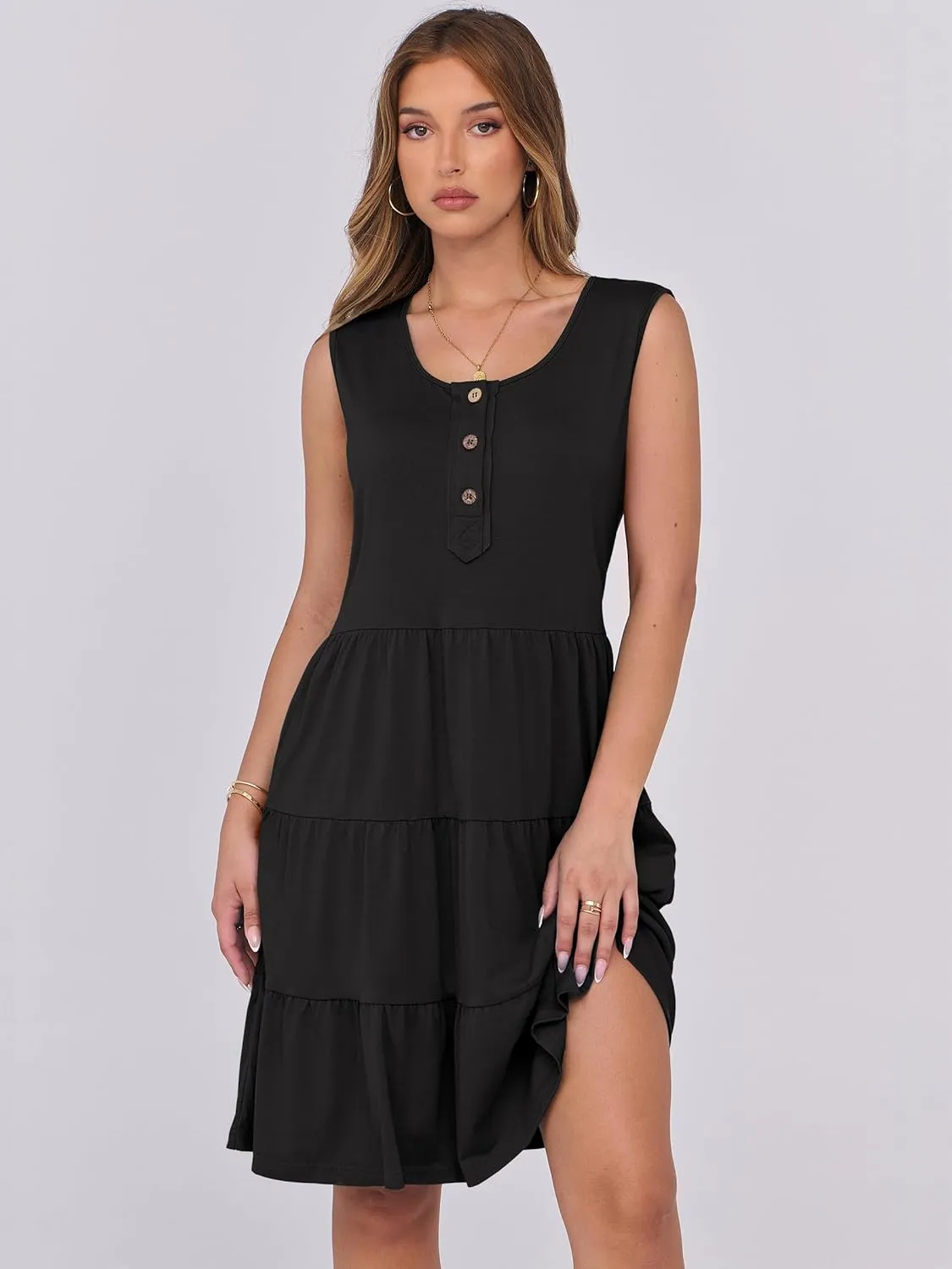 ANRABESS Women Summer Casual Dresses Sleeveless Button Down Tank Sundress Flowy Tiered Swing Mini Beach Vacation Dress