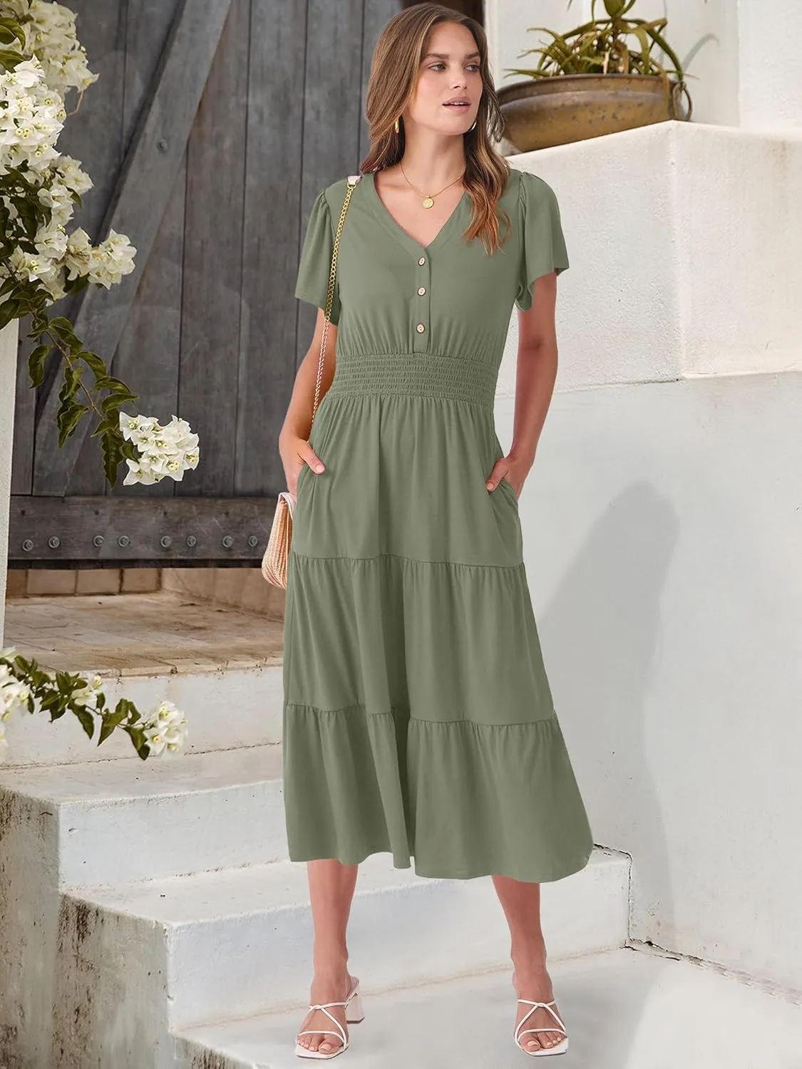 ANRABESS Womens Summer Casual Short Sleeve V Neck Midi Dresses Button Down A Line Flowy Tiered 2025 Boho Beach Dress