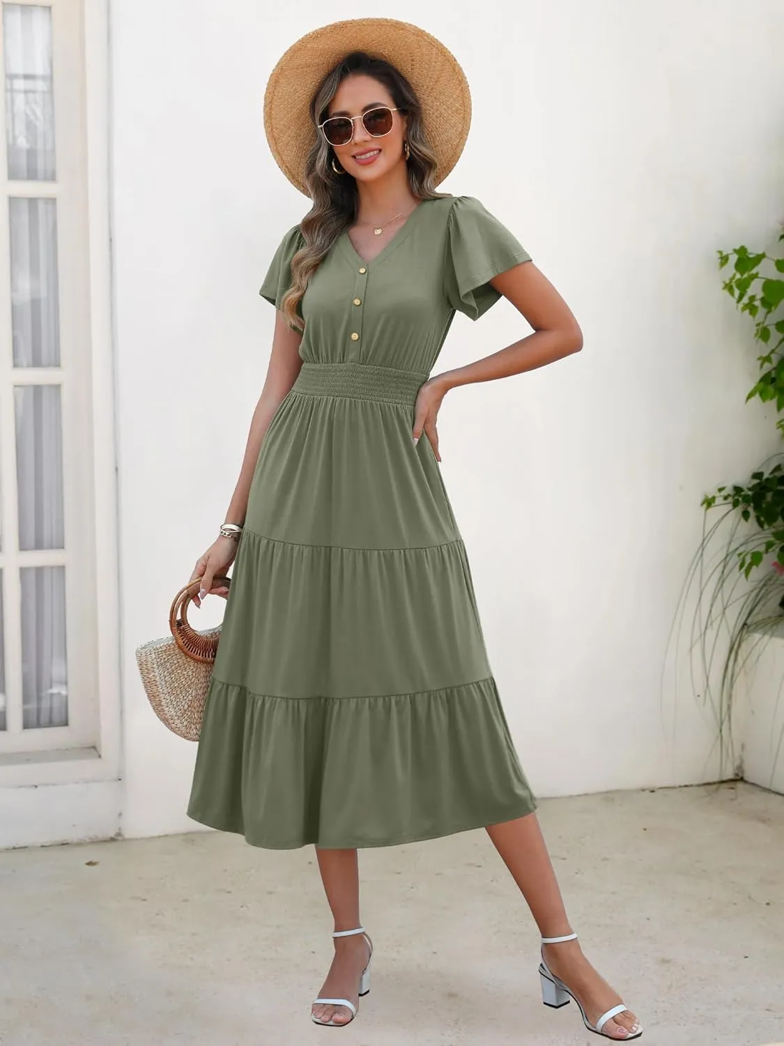 ANRABESS Womens Summer Casual Short Sleeve V Neck Midi Dresses Button Down A Line Flowy Tiered 2025 Boho Beach Dress