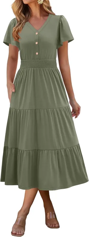 ANRABESS Womens Summer Casual Short Sleeve V Neck Midi Dresses Button Down A Line Flowy Tiered 2025 Boho Beach Dress