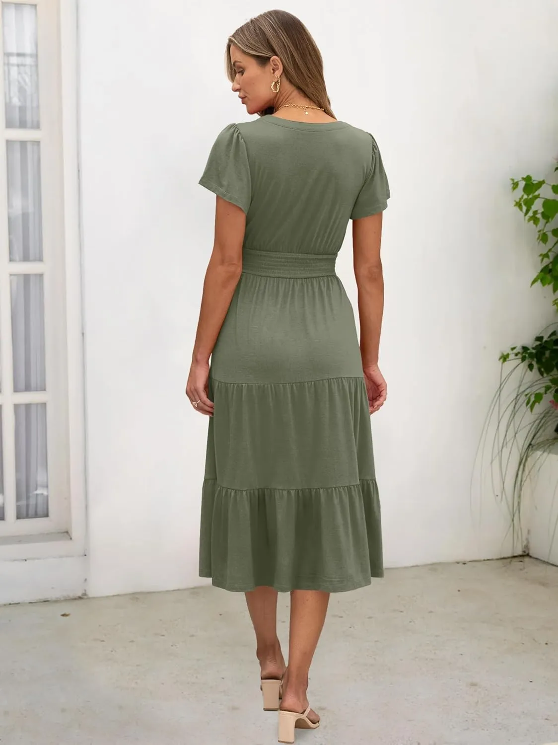 ANRABESS Womens Summer Casual Short Sleeve V Neck Midi Dresses Button Down A Line Flowy Tiered 2025 Boho Beach Dress