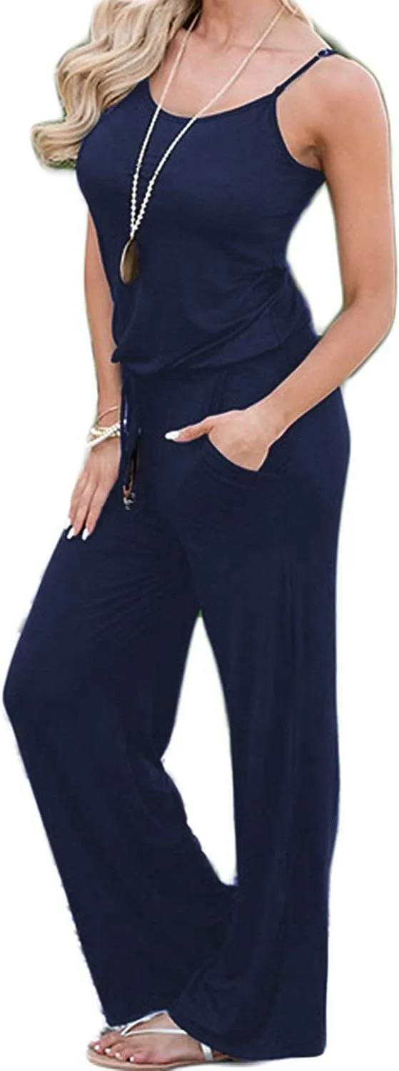 Artfish Women Casual Sleeveless Spaghetti Strap Striped Lounge Pajama Jumpsuit