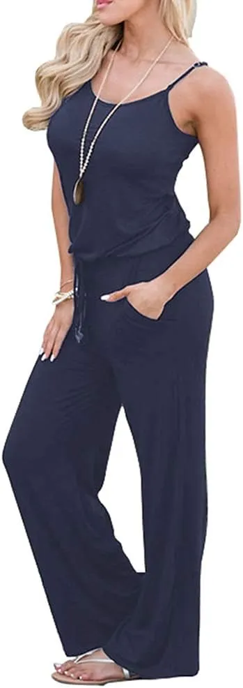 Artfish Women Casual Sleeveless Spaghetti Strap Striped Lounge Pajama Jumpsuit