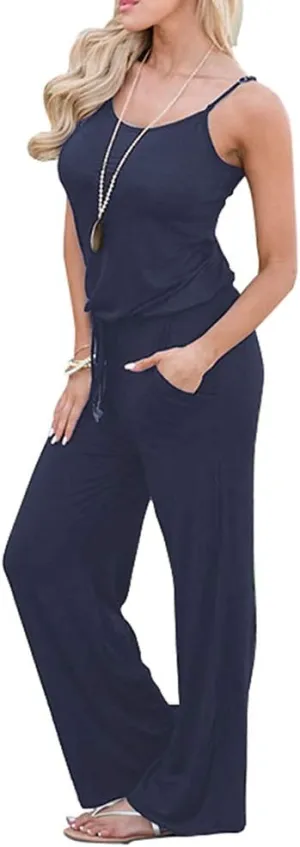 Artfish Women Casual Sleeveless Spaghetti Strap Striped Lounge Pajama Jumpsuit