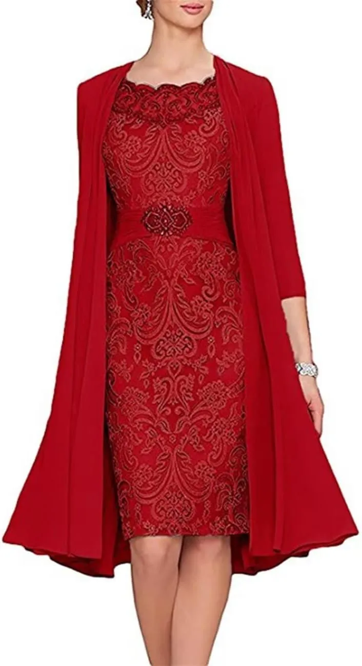 AUPRP 2 Pieces Red Mother of The Bride Dress with Jacket Floral Lace Chiffon Long Evening Dresses for Wedding Guest, US 10
