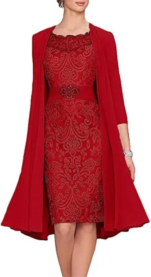 AUPRP 2 Pieces Red Mother of The Bride Dress with Jacket Floral Lace Chiffon Long Evening Dresses for Wedding Guest, US 10