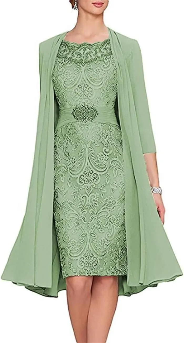 AUPRP 2 Pieces Sage-Green Mother of The Bride Dress with Jacket Floral Lace Chiffon Long Evening Dresses for Wedding Guest, US 10