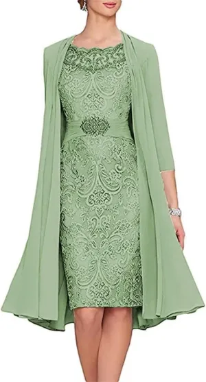 AUPRP 2 Pieces Sage-Green Mother of The Bride Dress with Jacket Floral Lace Chiffon Long Evening Dresses for Wedding Guest, US 10