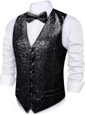 Barry.Wang Mens Sequins Vest Formal/Leisure V-neck Shiny Waistcoat Bowtie Set Prom Party Tuxedo